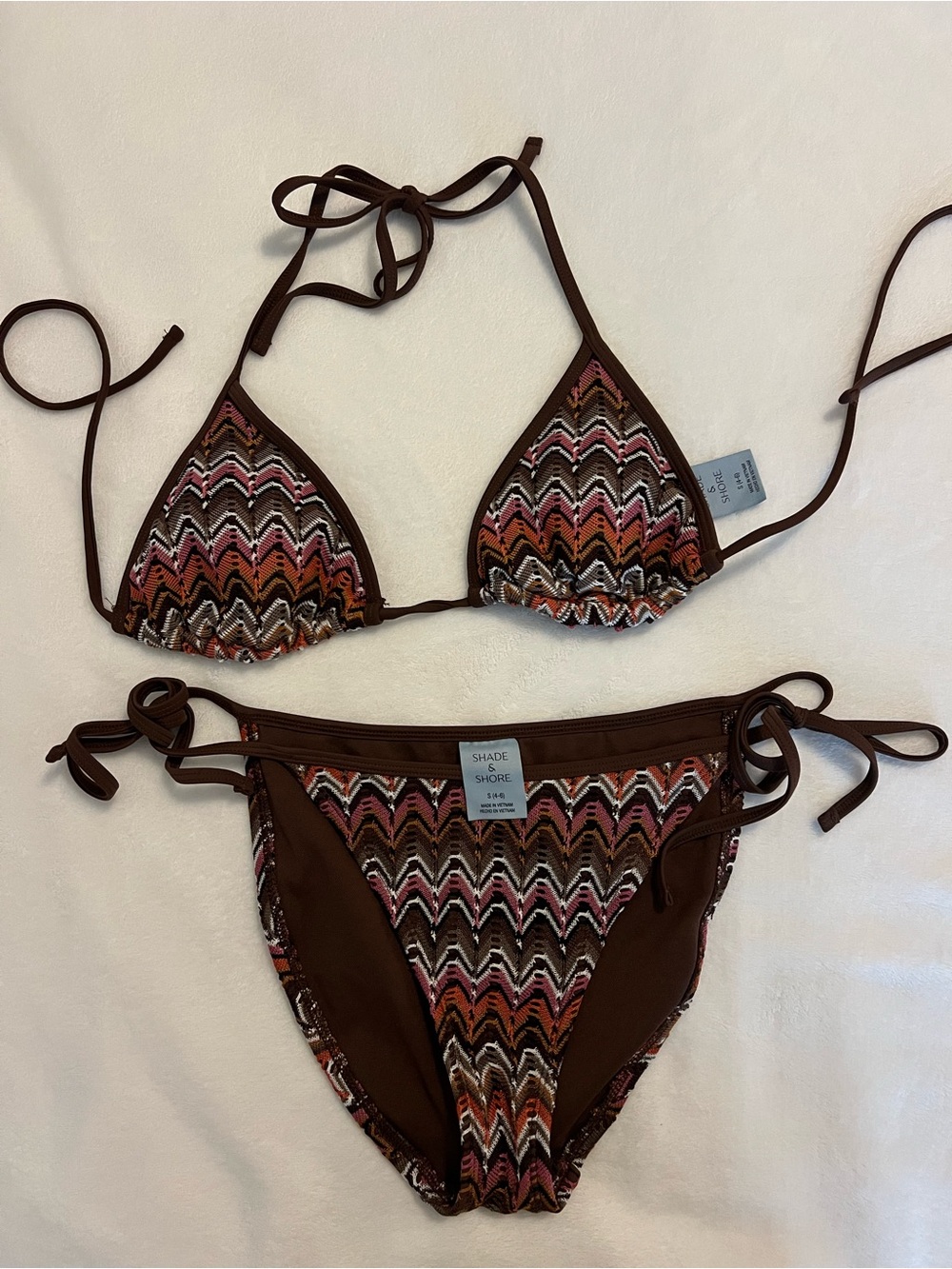 Shade & Shore Brown Multi Chevron Tie-Side Triangle Bikini